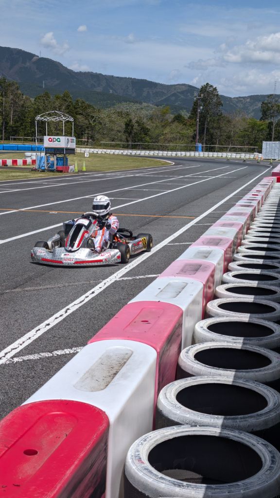 Kart on track beside pink and white barriers with mountains in the background